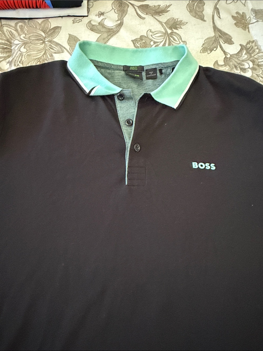 Boss Men's Black Polo with Mint Contrast Collar